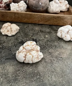 Magnezit prírodný surový. špinavo biela alebo krémovo biela farba, viditeľné rôzne hrubé žilky, ktoré majú hnedú až svetlohnedú farbu, pripomínajúcu farbu hliny. Miestami sú tieto žilky tmavšie. Kameň má nepravidelný, oblý tvar. Pripomína menší obláčik. Celkový vzhľad vytvára dojem popraskanej textúry Nemá žiadne ostré hrany, všetky jeho plochy sú zaoblené.